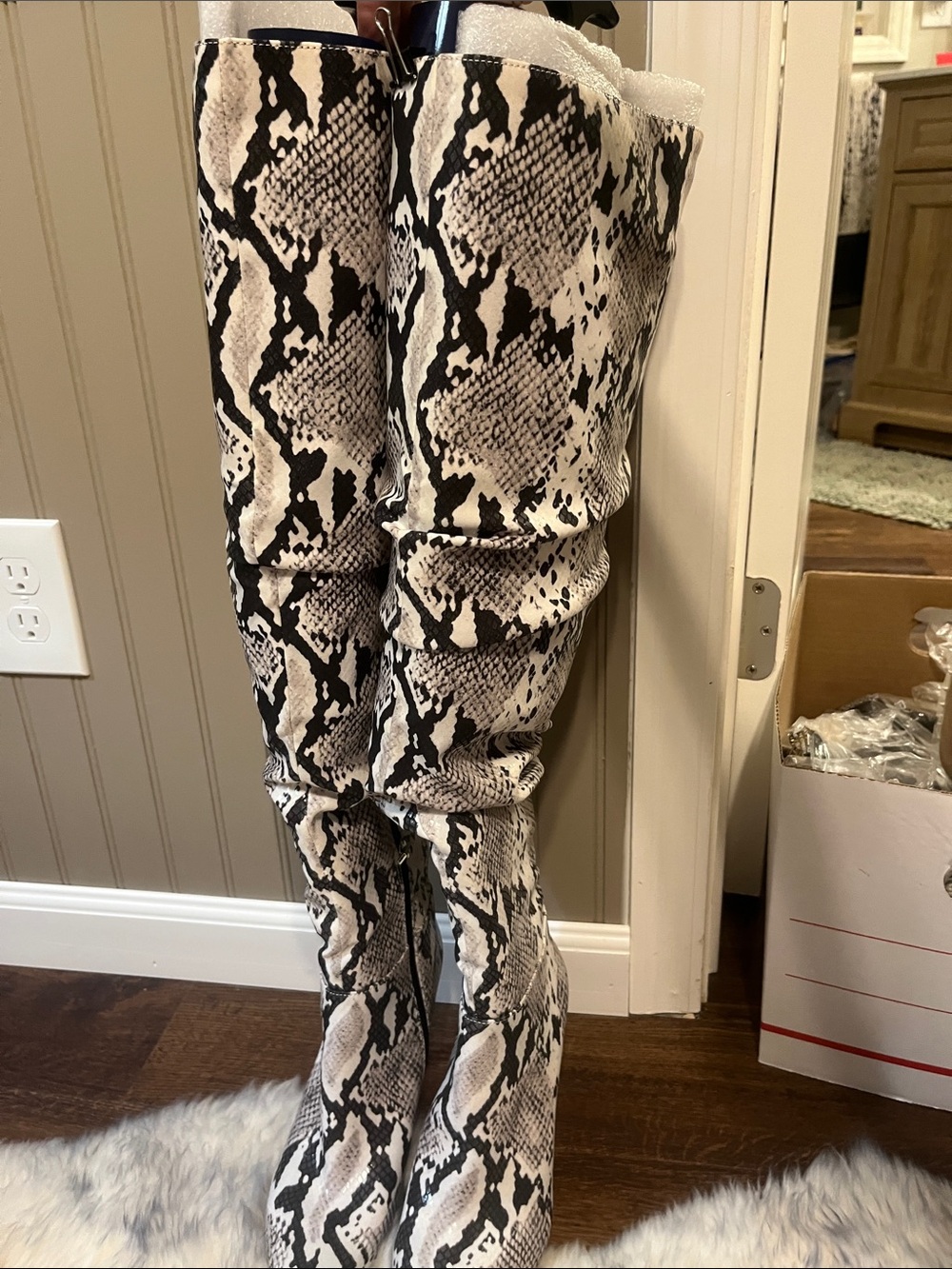 Jessica Simpson Snake Print Over-the-Knee Heeled Boots - Black & Cream